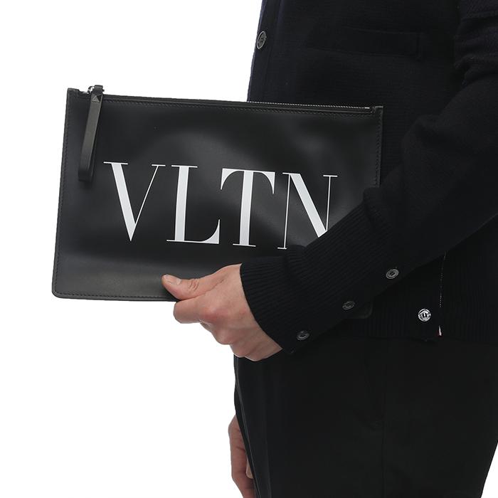 VALENTINO Logo Strap Clutch Black Unisex Leather