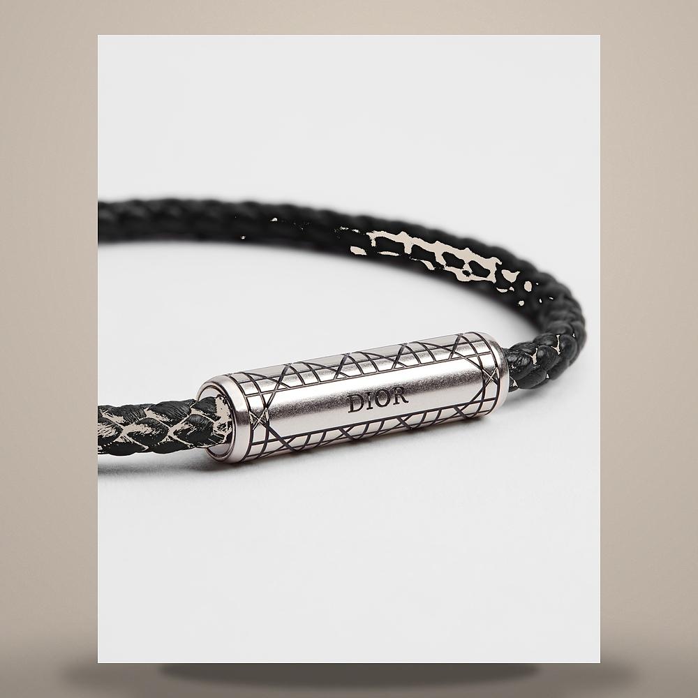 DIOR Cannage Woven Black Calfskin Bracelet Silver-Finish Brass