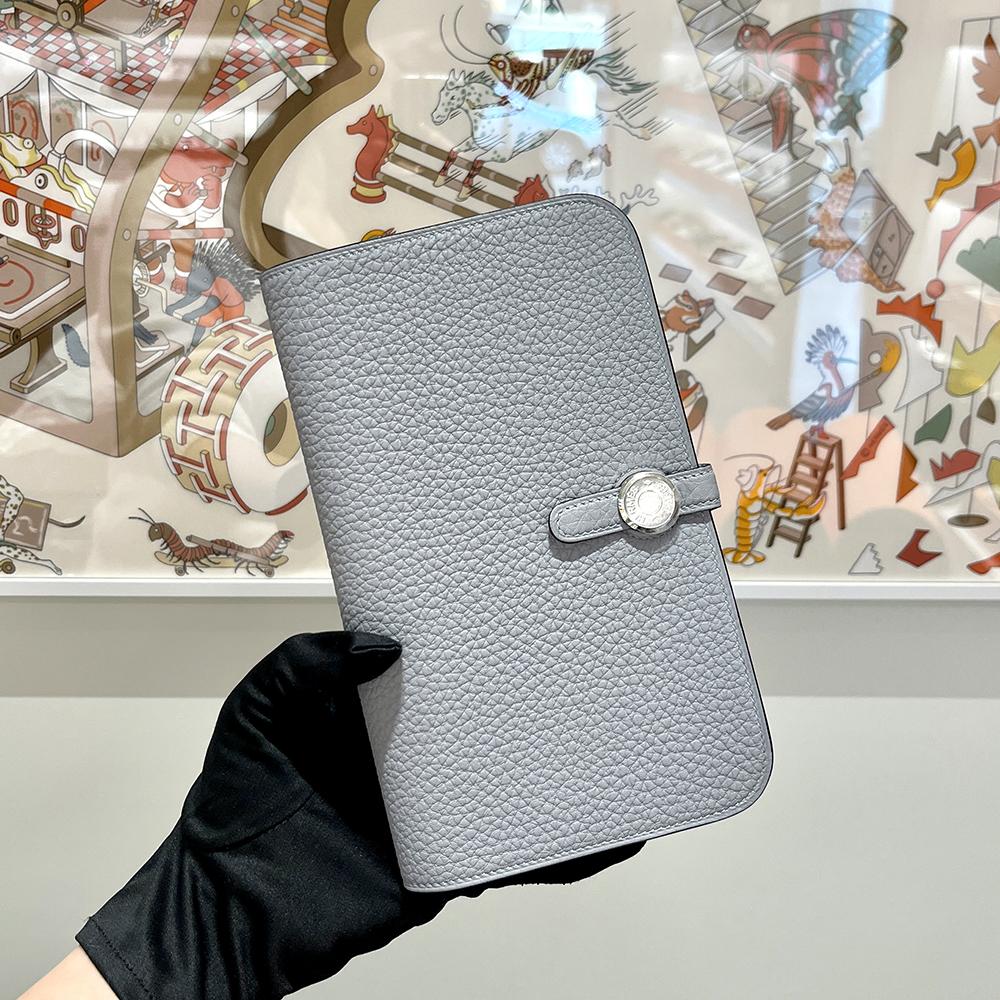 HERMES Togo Leather Dogon Long Wallet Gray Palladium Hardware