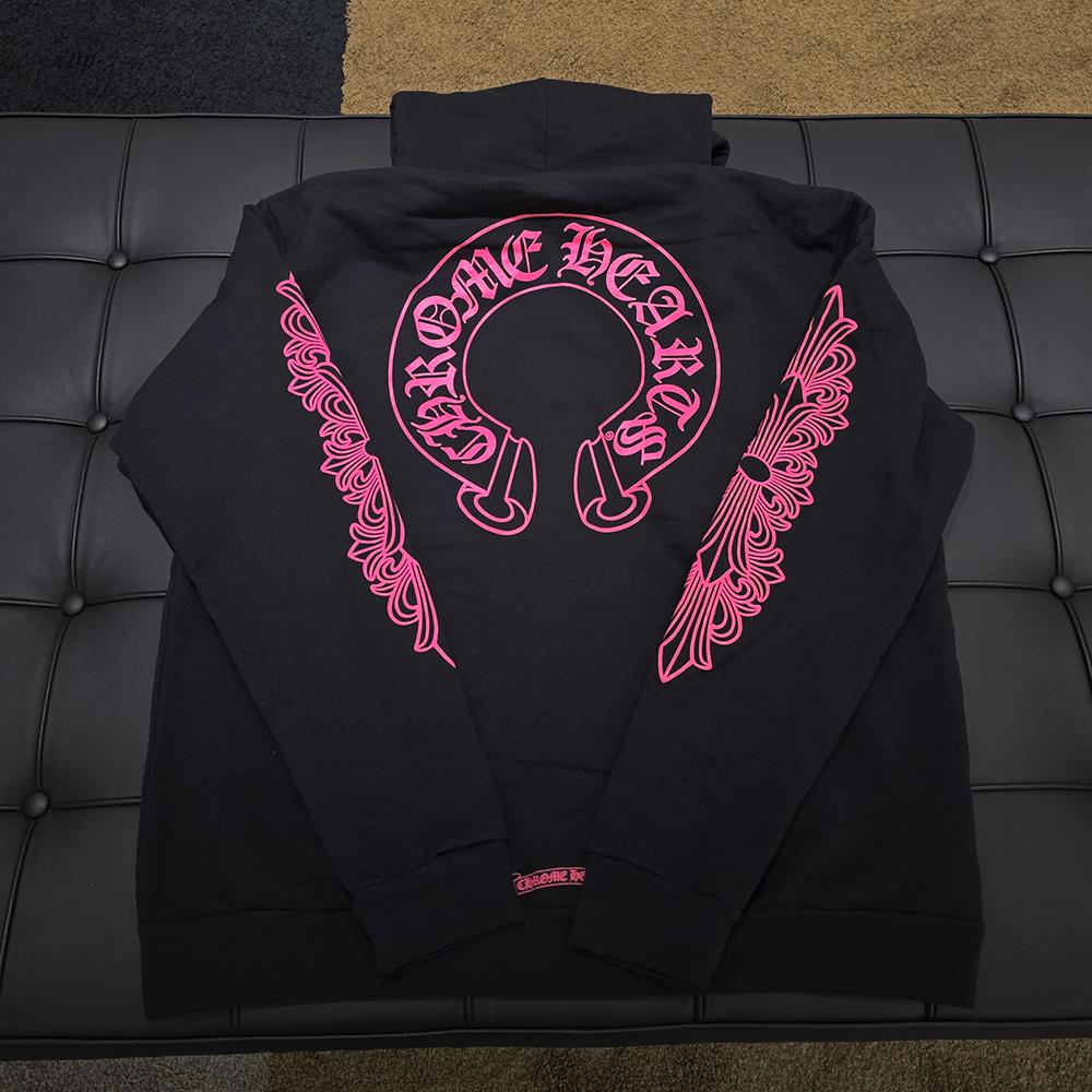 Chrome Hearts Pink Horseshoe Fleece Zip Hoodie Black Unisex