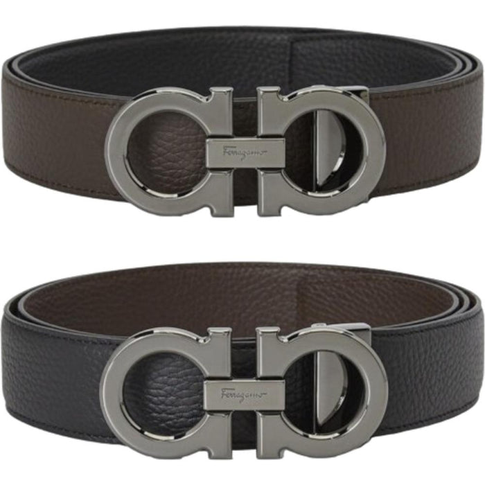 Ferragamo Gancini Reversible Leather Belt Black Brown Men Pre-Cut