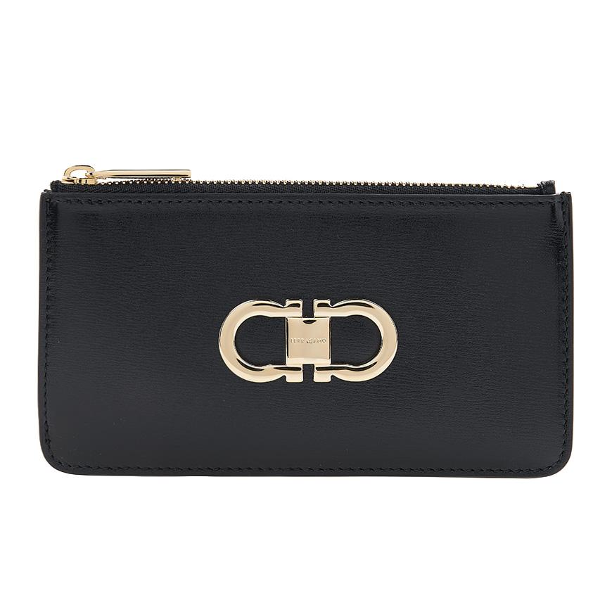 Ferragamo Gancini Leather Bifold Card Holder Black Red Women’s
