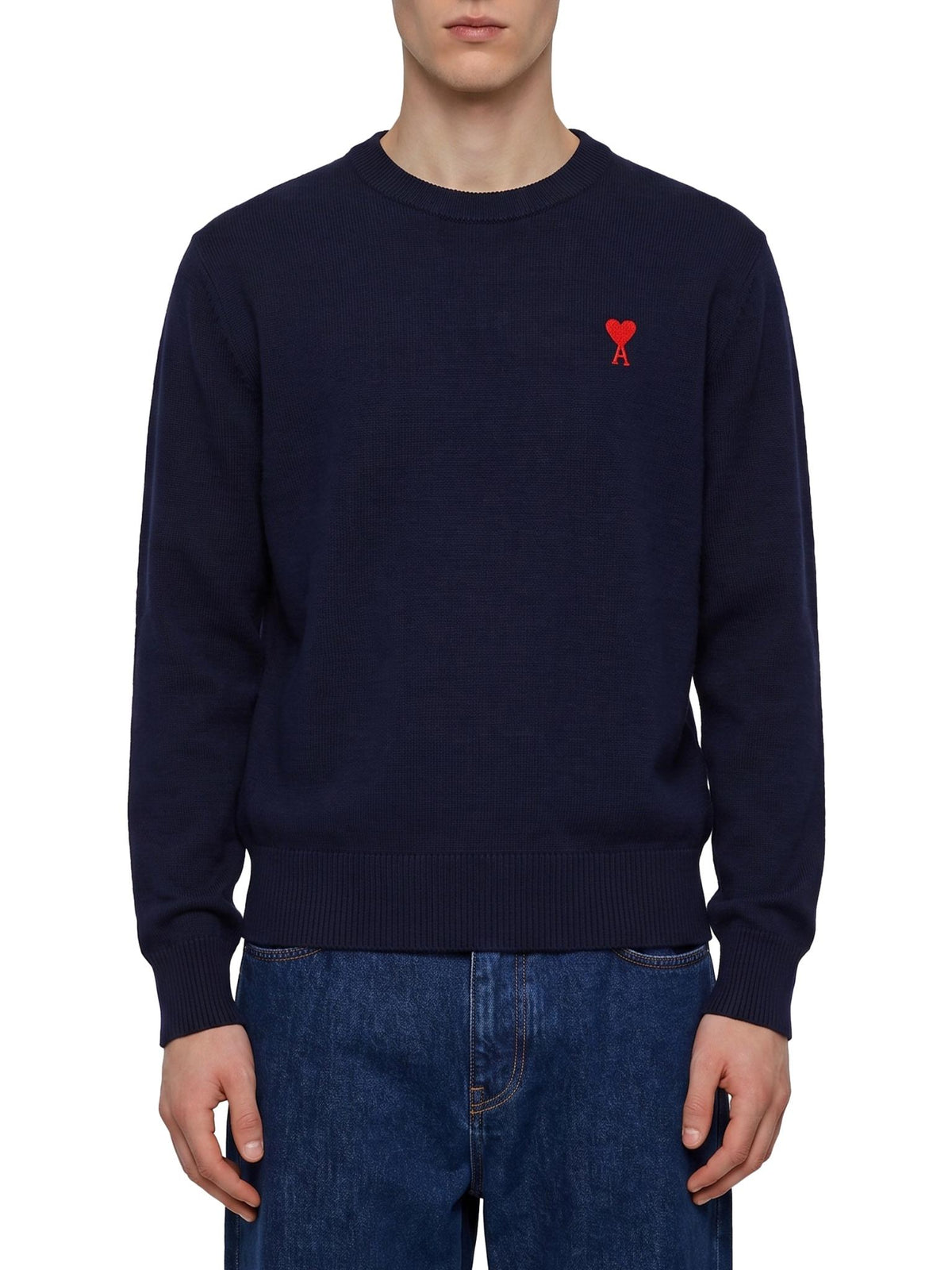 AMI Wool Round Neck Knit Sweater Navy for Men