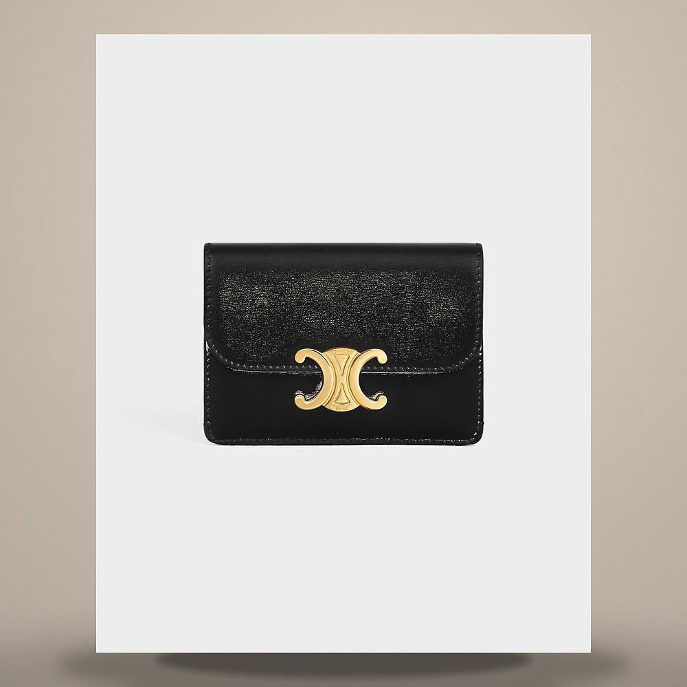 CELINE Triomphe Flap Card Holder Shiny Calfskin Black