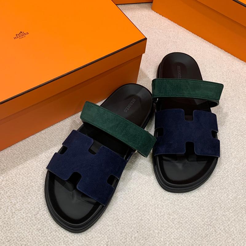 HERMES Men’s Chypre Suede Calfskin Green Blue Two-Tone Sandals