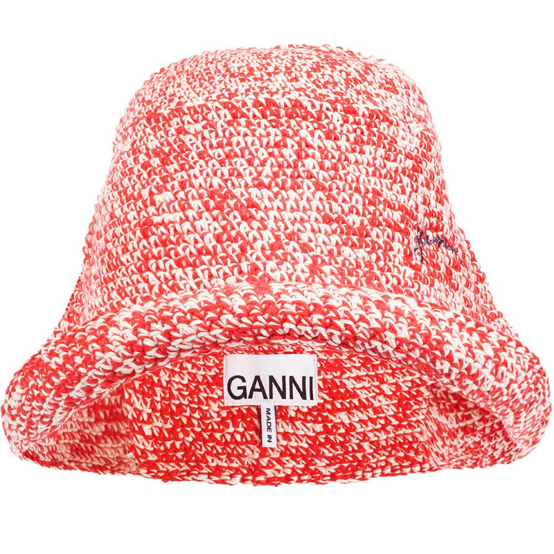 GANNI Logo Embroidered Crochet Bucket Hat Ecru