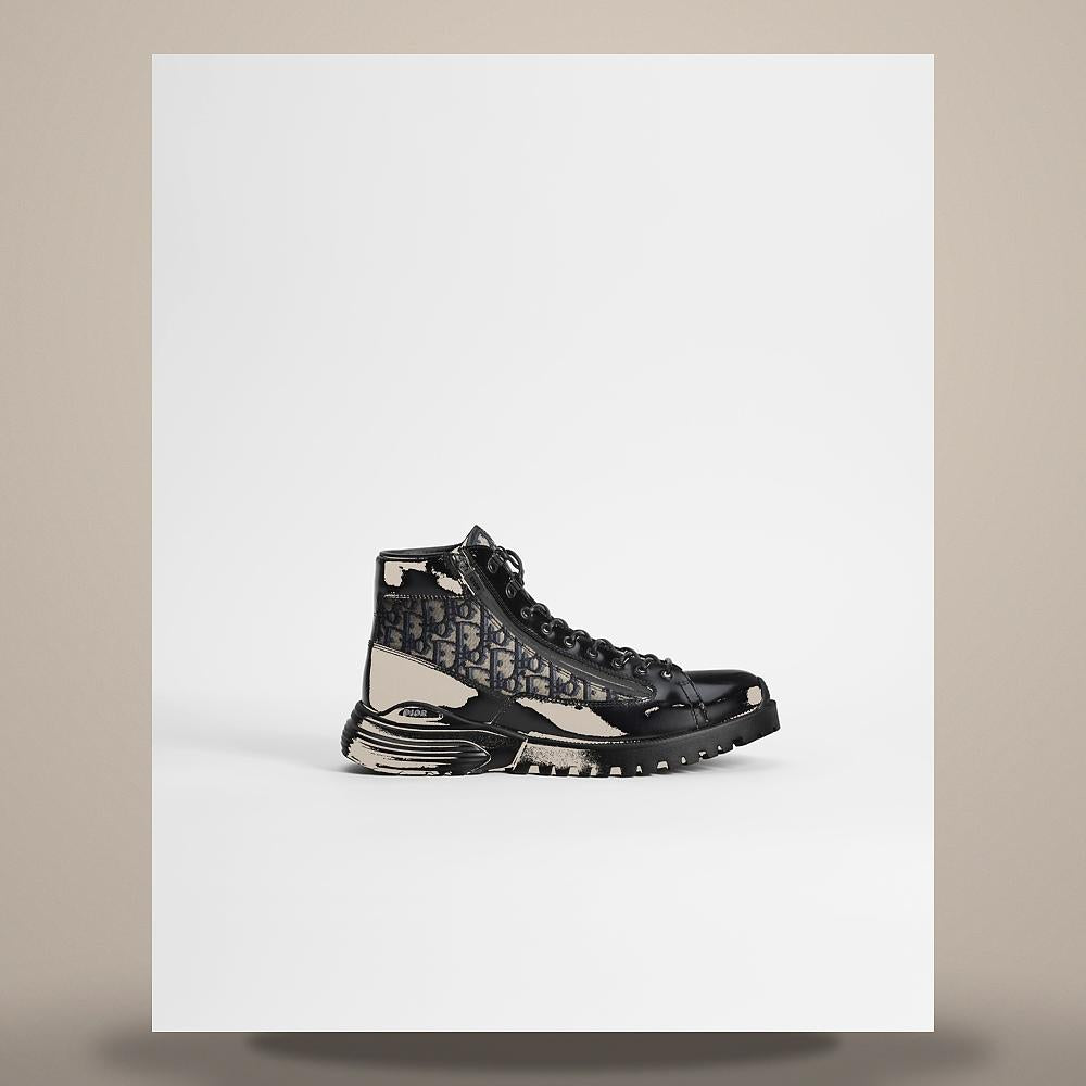 DIOR Black Patent Calfskin Beige Black Dior Oblique Jacquard Ankle Boots