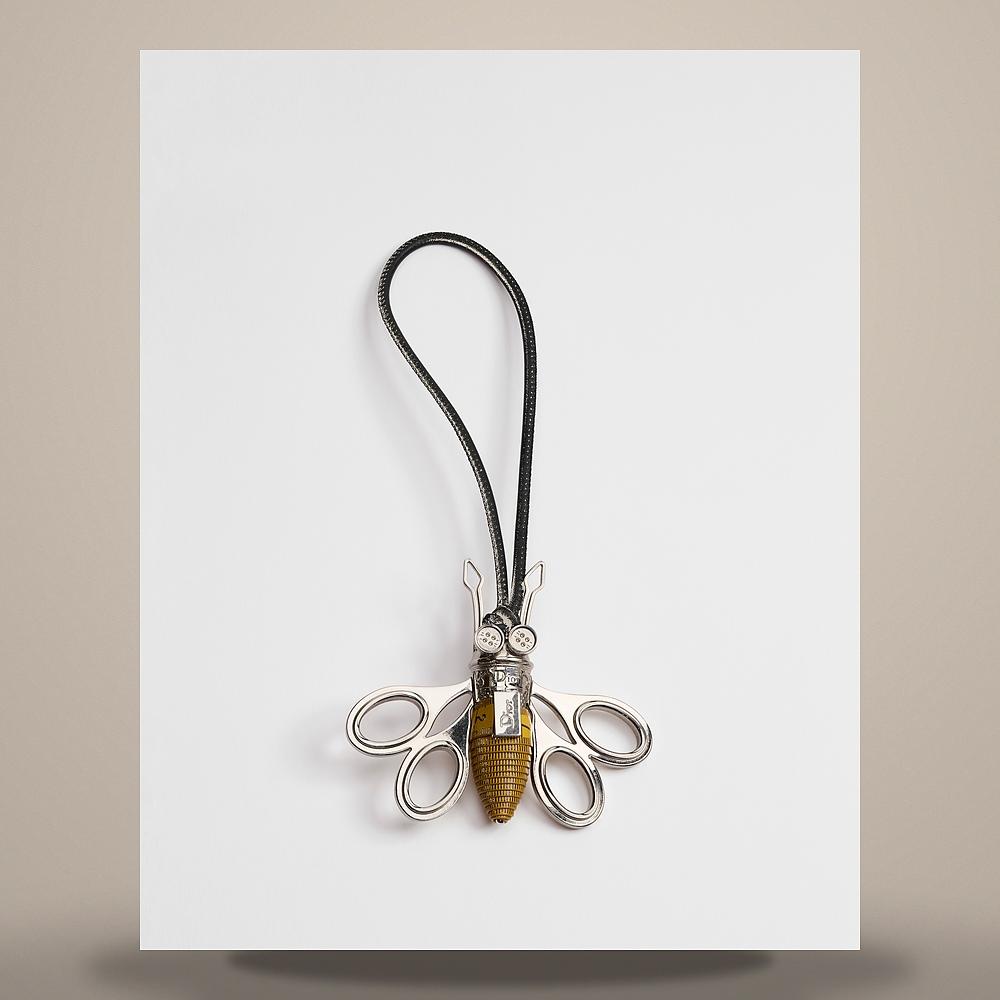 DIOR Bee Black Smooth Calfskin Antique Silver Brass Bag Charm Keyring