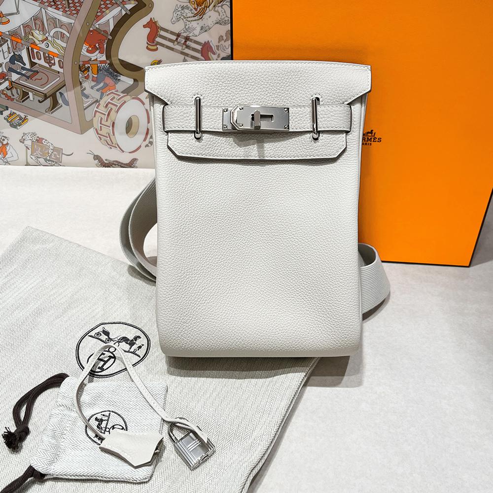 HERMES White Togo Leather Herbag PM Backpack Palladium Hardware