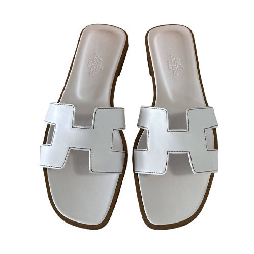 HERMES Oran White Leather Slide Sandals for Women