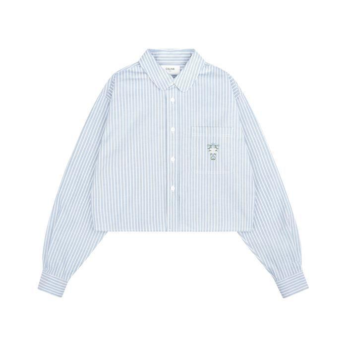 CELINE Hickory Stripe Cotton Crop Shirt Blouse