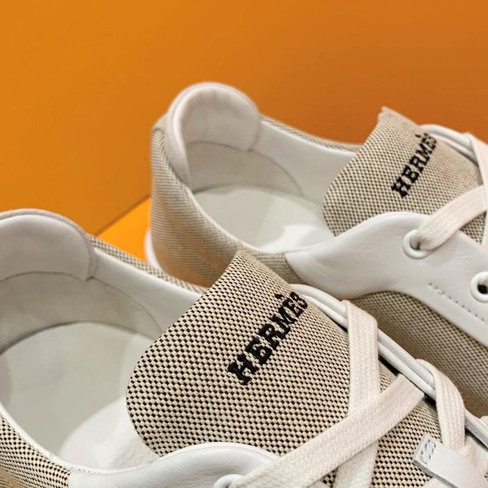 HERMES Brown Canvas Goatskin H Logo Kid Low Top Sneakers