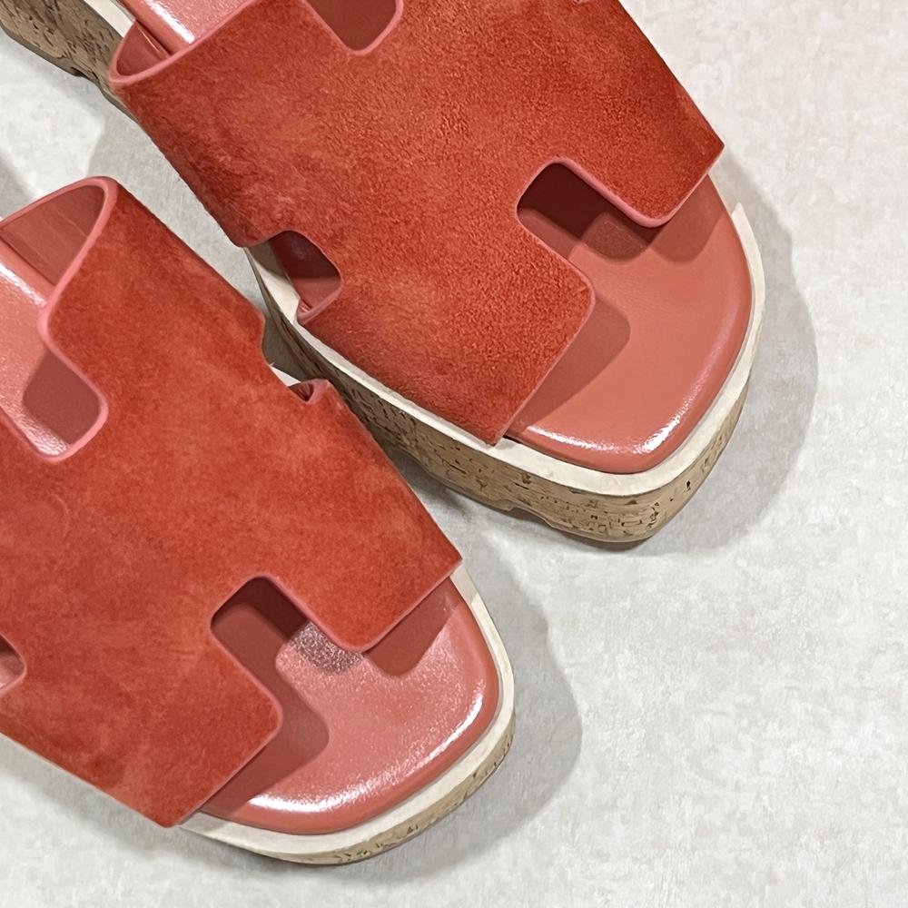 HERMES Rose Red Calfskin Wedge Heel Oran 30 Sandals