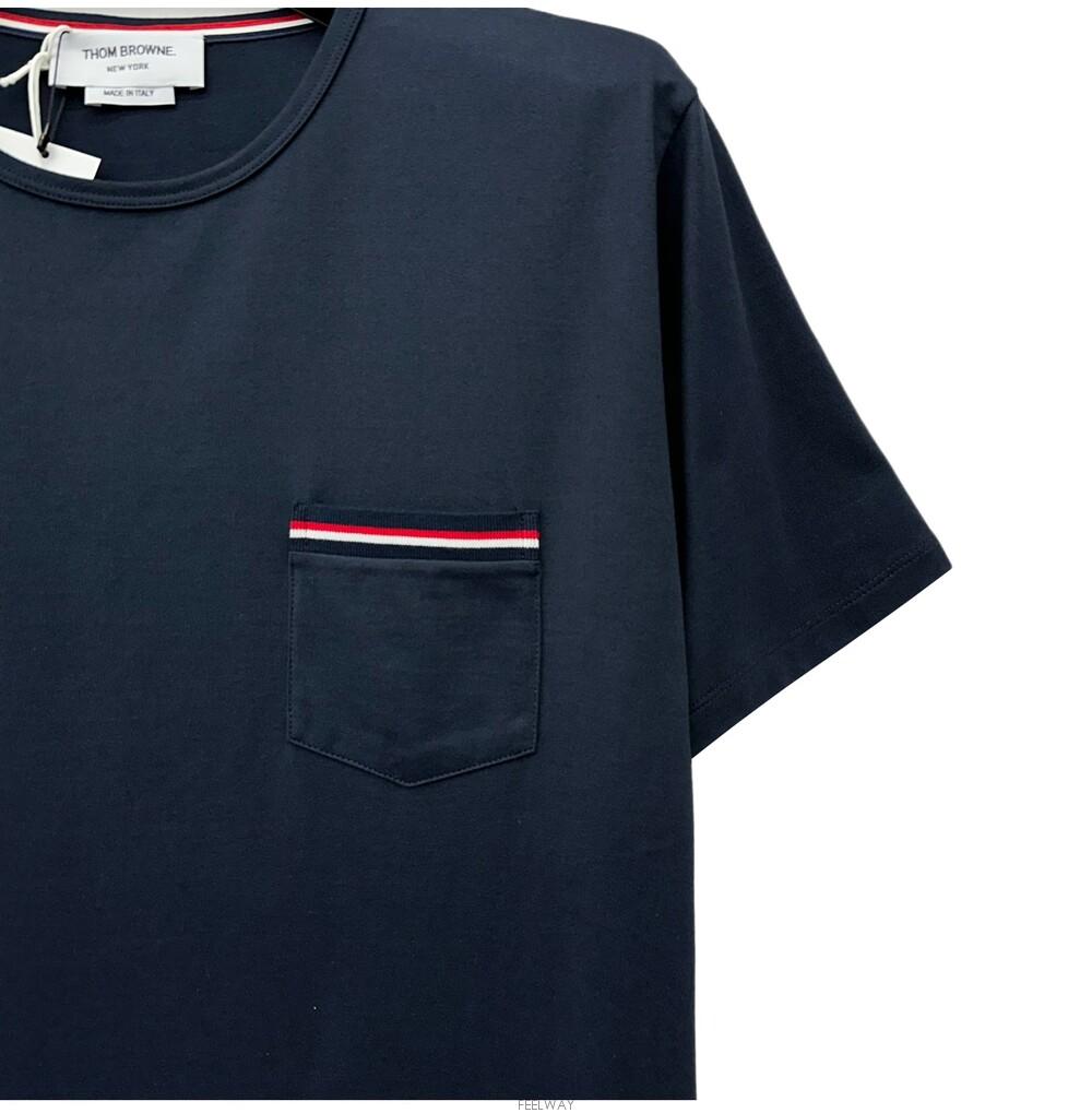 THOM BROWNE Tricolor Stripe Pocket Unisex Short Sleeve T-Shirt MJS010A 415