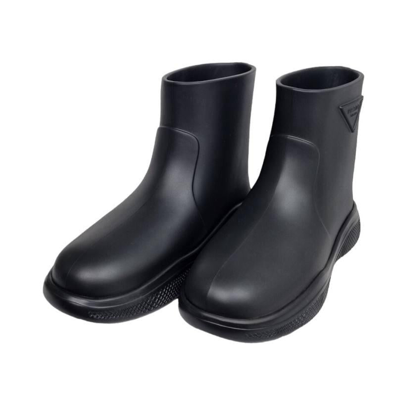 PRADA Black Rubber Ankle Rain Boots with Triangle Logo