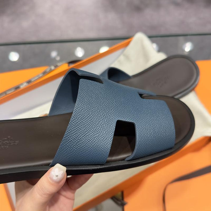 HERMES Izmir Epsom Calfskin Two-Tone Navy Brown Sandals