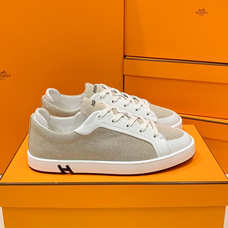 HERMES Brown Canvas Goatskin H Logo Kid Low Top Sneakers