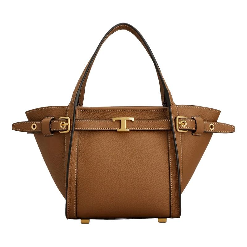 Tods T Logo Leather Tote Bag Brown