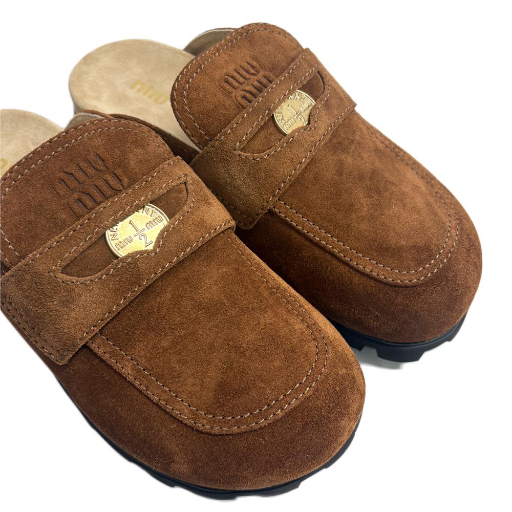 Miu Miu Brown Suede Embossed Logo Penny Mule Slippers 5D058E 054 F0316