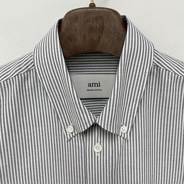 AMI Heart Logo Button-Down Stripe Long Sleeve Shirt