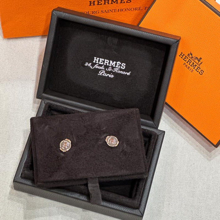 HERMES Rose Gold Blue Mini Earrings Unisex Jewelry