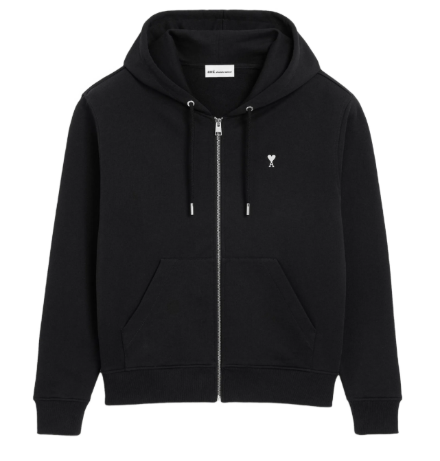 AMI Small Heart Logo Cotton Zip Hoodie Black White Cream