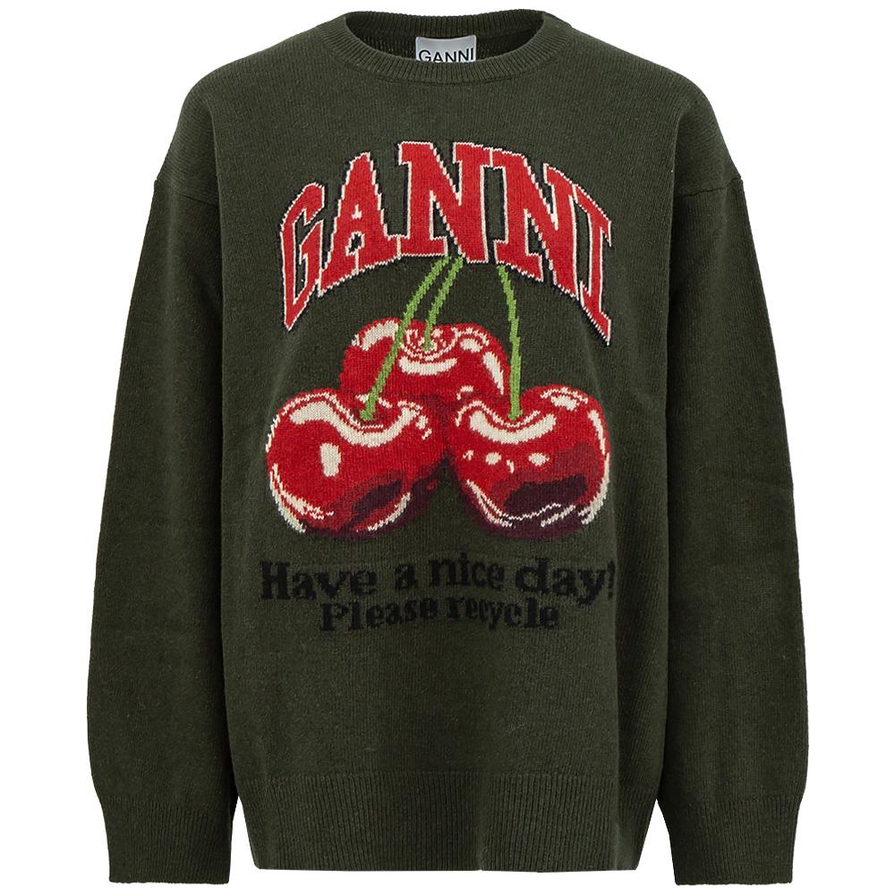 GANNI Cherry Graphic Oversized Kalamata Crewneck Sweater A1070112 861