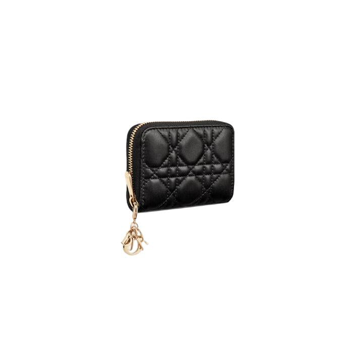 DIOR Lady Dior Voyageur Coin Purse Black Leather Wallet