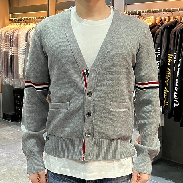 THOM BROWNE Milano Knit Tricolor Armband Cardigan Gray Unisex