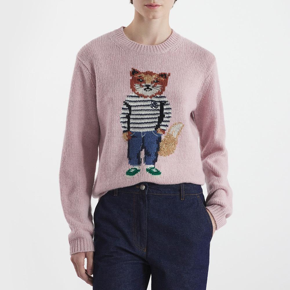 Maison Kitsune Pink FW Fox Intarsia Wool Crewneck Sweater NW00809KH0002 P600