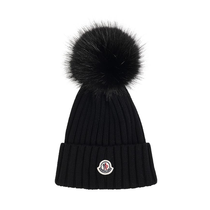 Moncler Women’s Logo Patch Pom Pom Beanie Black Knit Hat