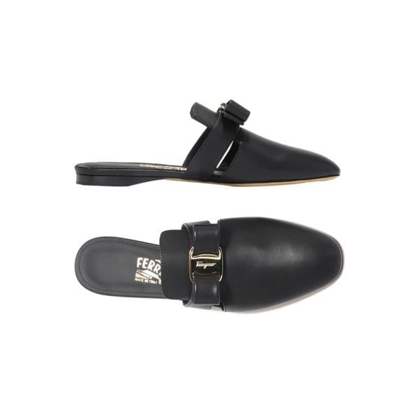 Ferragamo BRIZA Gold Vara Black Leather Mule Flats 0715346