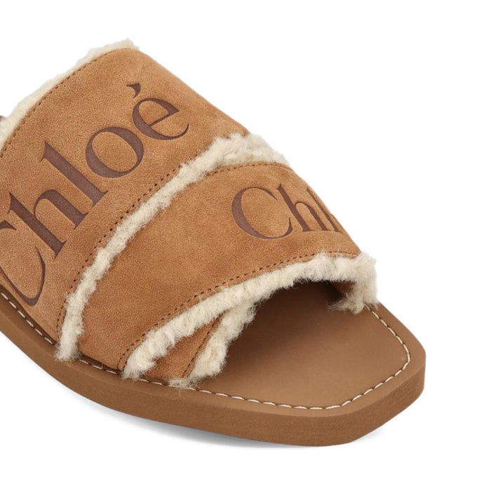 Chloe Woody Logo Shearling Strap Sandals Brown CH25W188TX 270