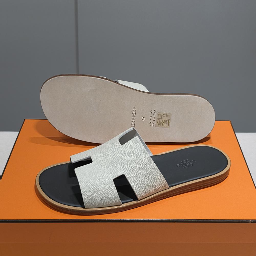 HERMES Izmir Two-Tone Ivory Deep Brown Calfskin Epsom Leather Slippers