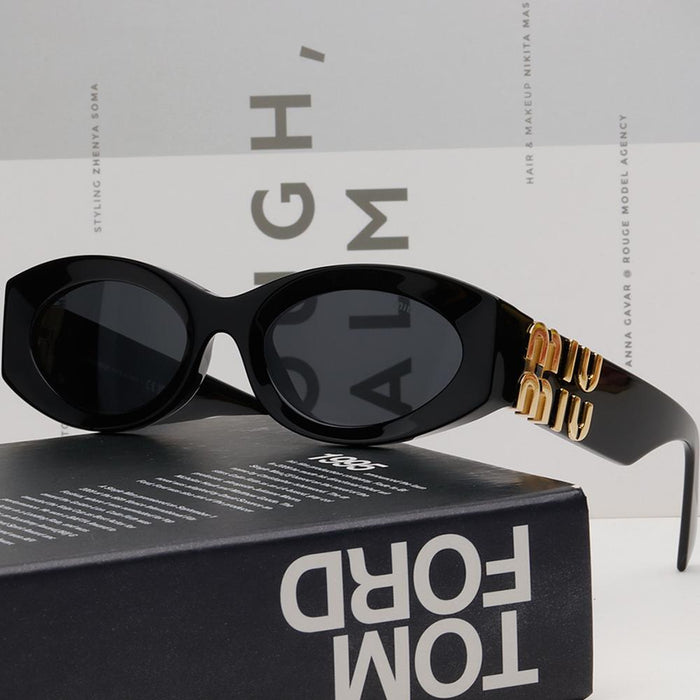 Miu Miu Black Oval Acetate Sunglasses with Big Logo Decoration