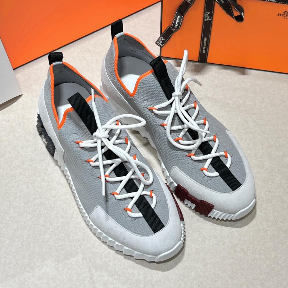 HERMES Men’s Lift Slip-On Sneakers Knit Calfskin Gray H Two-Tone Logo