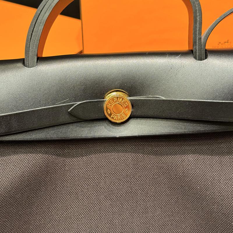HERMES Brown Canvas Herbag 31 Shoulder Tote Bag Gold Hardware