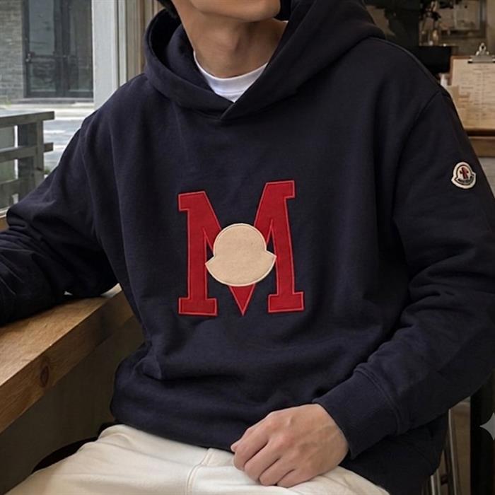Moncler Navy Patch M Logo Pullover Hoodie Mens T-Shirt
