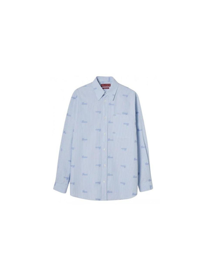 GUCCI Embroidered Stripe Cotton Long-Sleeve Shirt