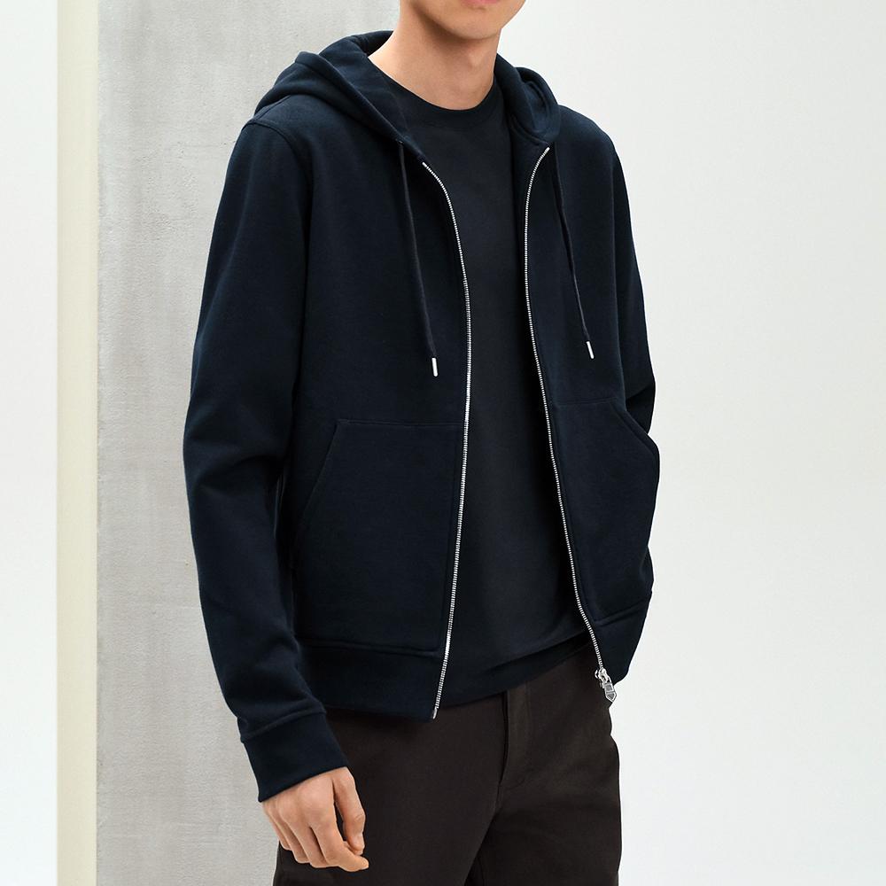HERMES Ex Libris Silk Detail Zip-Up Hoodie Marine Navy Men’s
