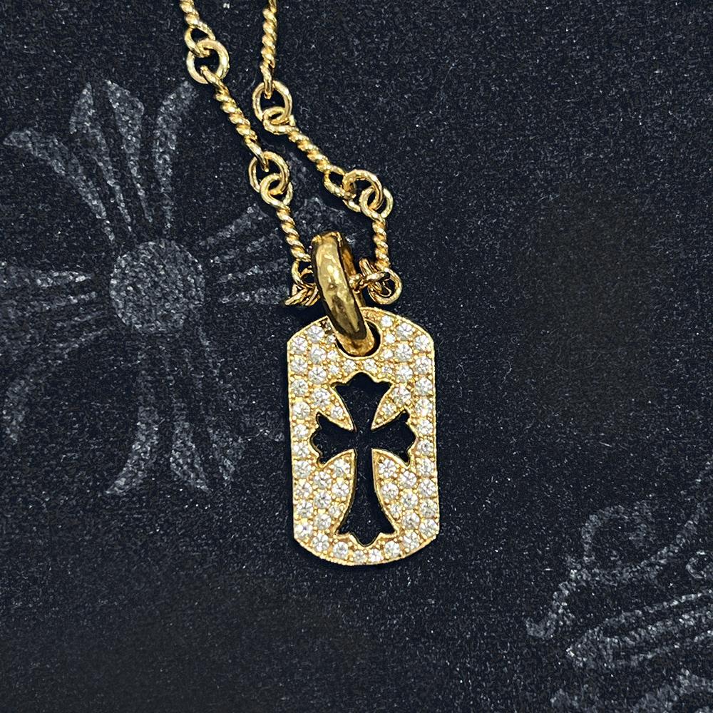 Chrome Hearts 22K Gold Full Pave Dog Tag Pendant Charm Necklace