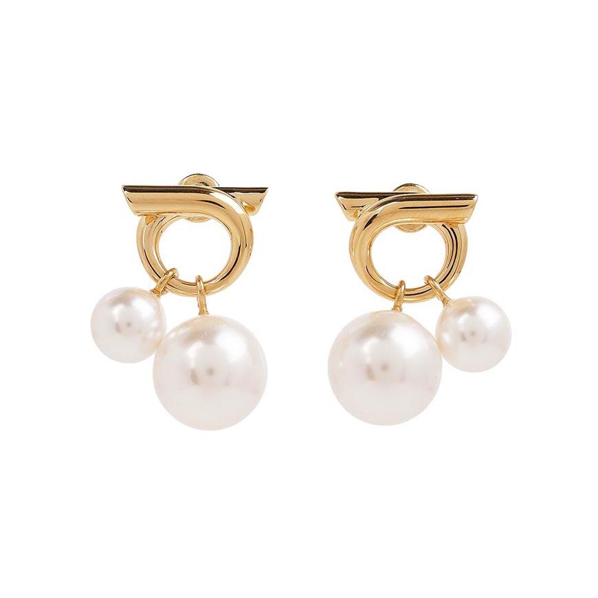 Ferragamo Double Pearl Earrings Gold White Women’s Jewelry