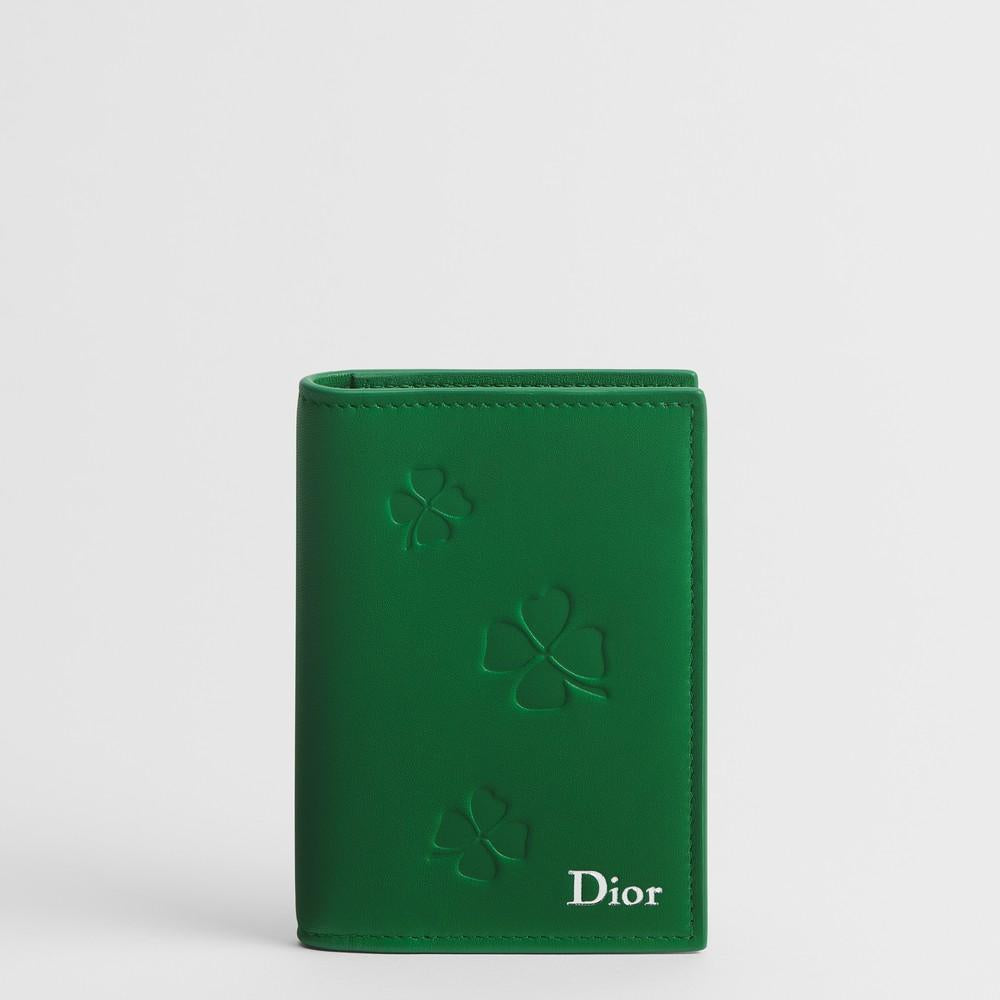DIOR Bright Green Clover Embossed Calfskin Bifold Card Holder