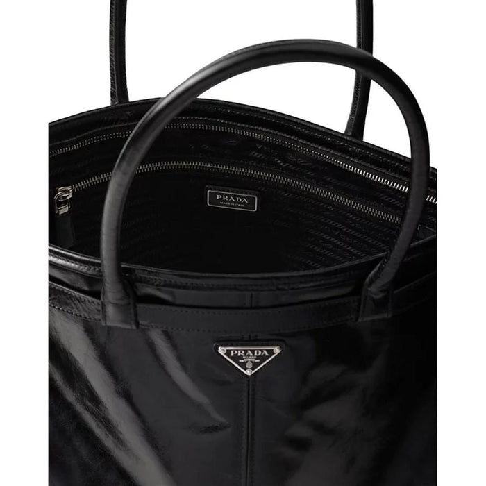 PRADA Triangle Logo Leather Tote Bag Black