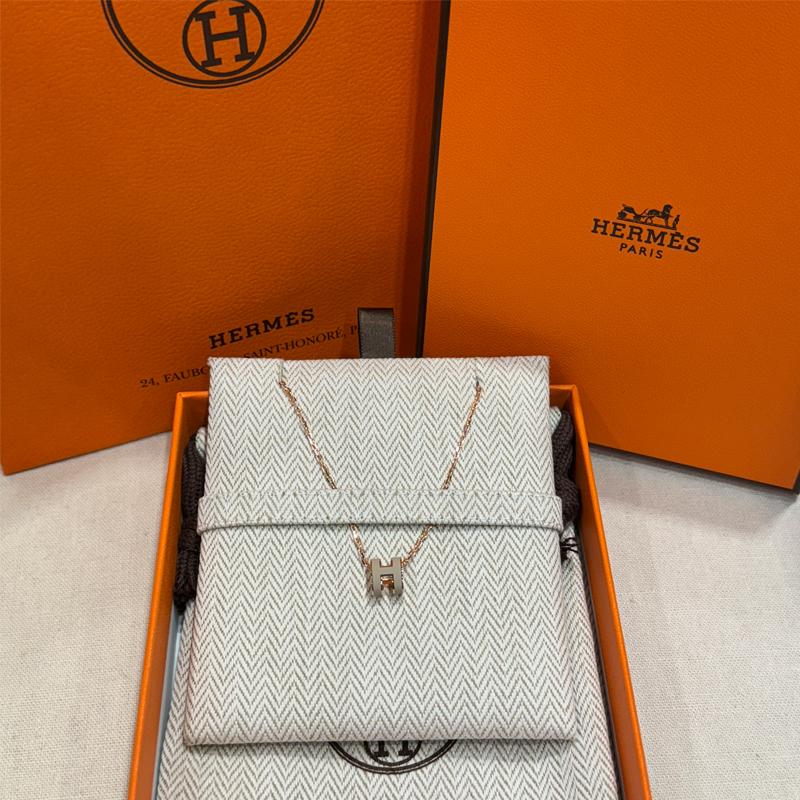 HERMES Mini Pop H Necklace Beige Rose Gold Unisex