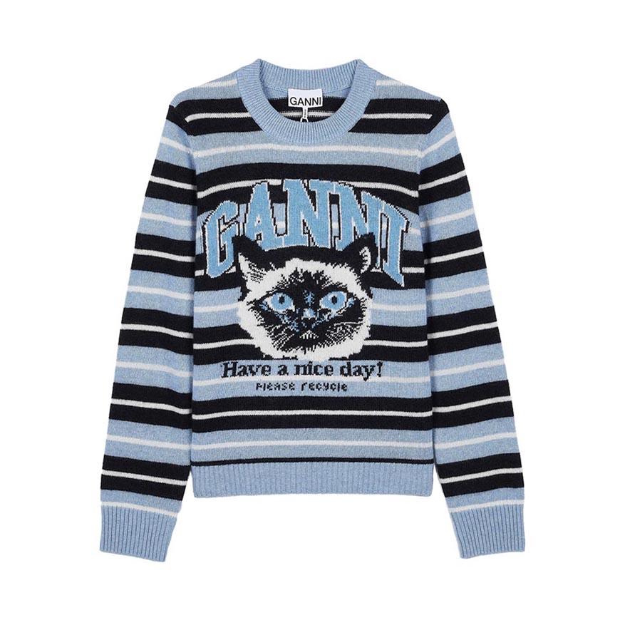 GANNI Women’s Cat Graphic Crewneck Knit Sweater Green