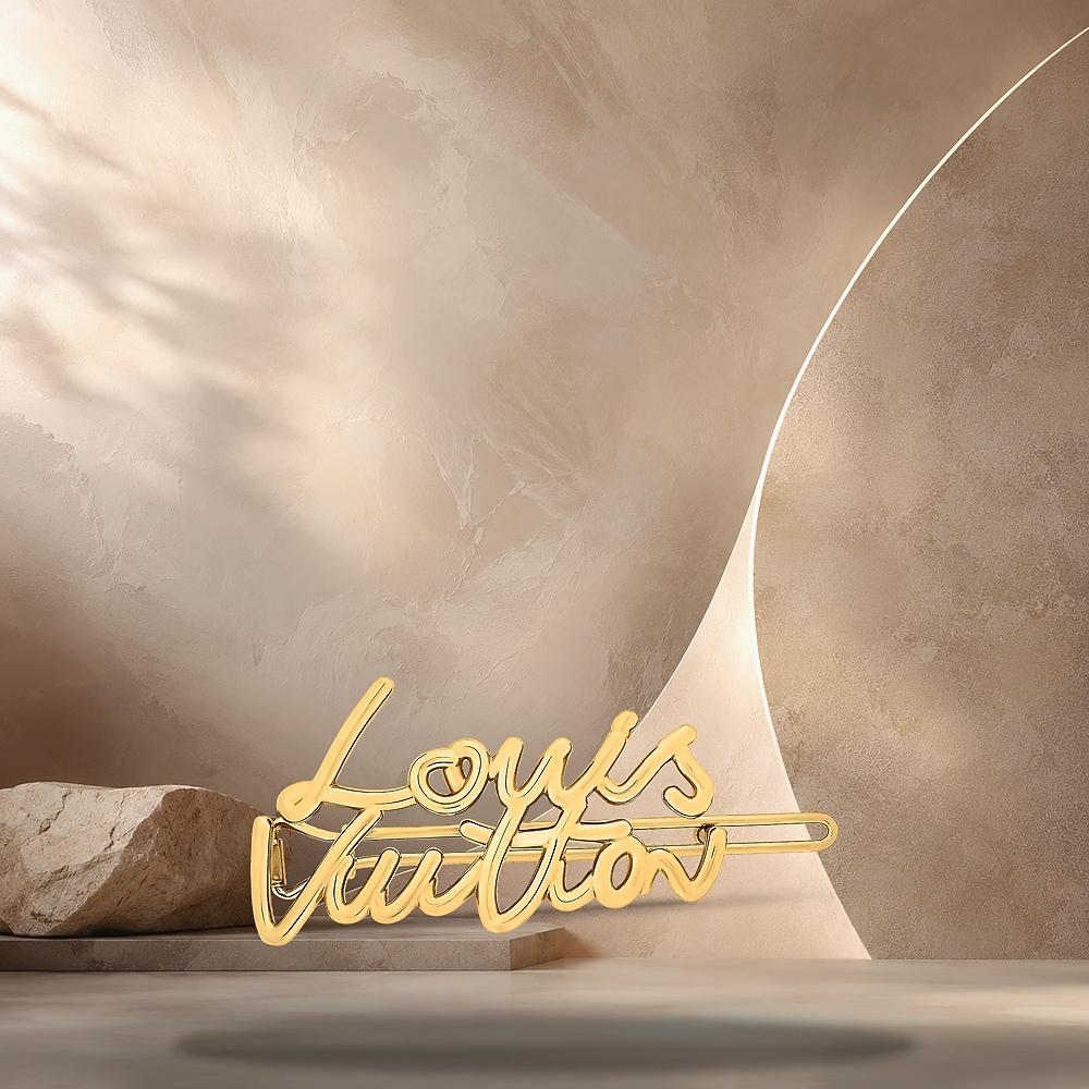 Louis Vuitton Gold-Tone Metal LV Script Barrette Hair Clip