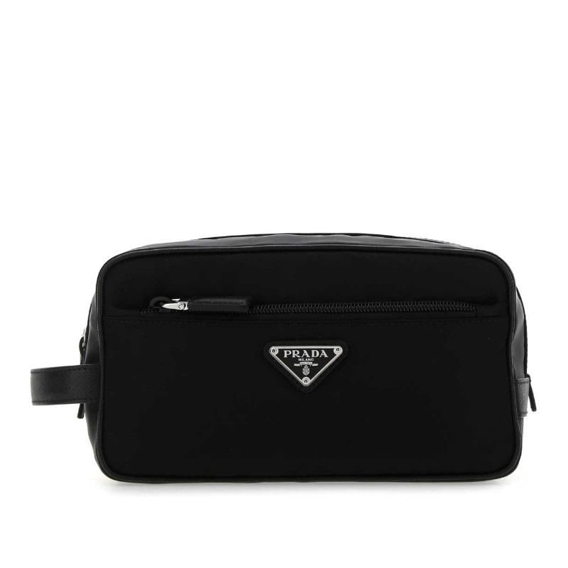 PRADA Re-Nylon Saffiano Leather Travel Clutch Bag Black Men’s