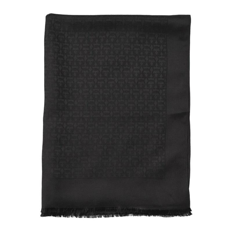 Ferragamo Silk Wool Scarf Men’s Navy Gray Reversible Fringe