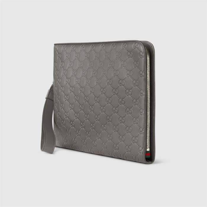GUCCI GG Emblem Leather Clutch Bag Black